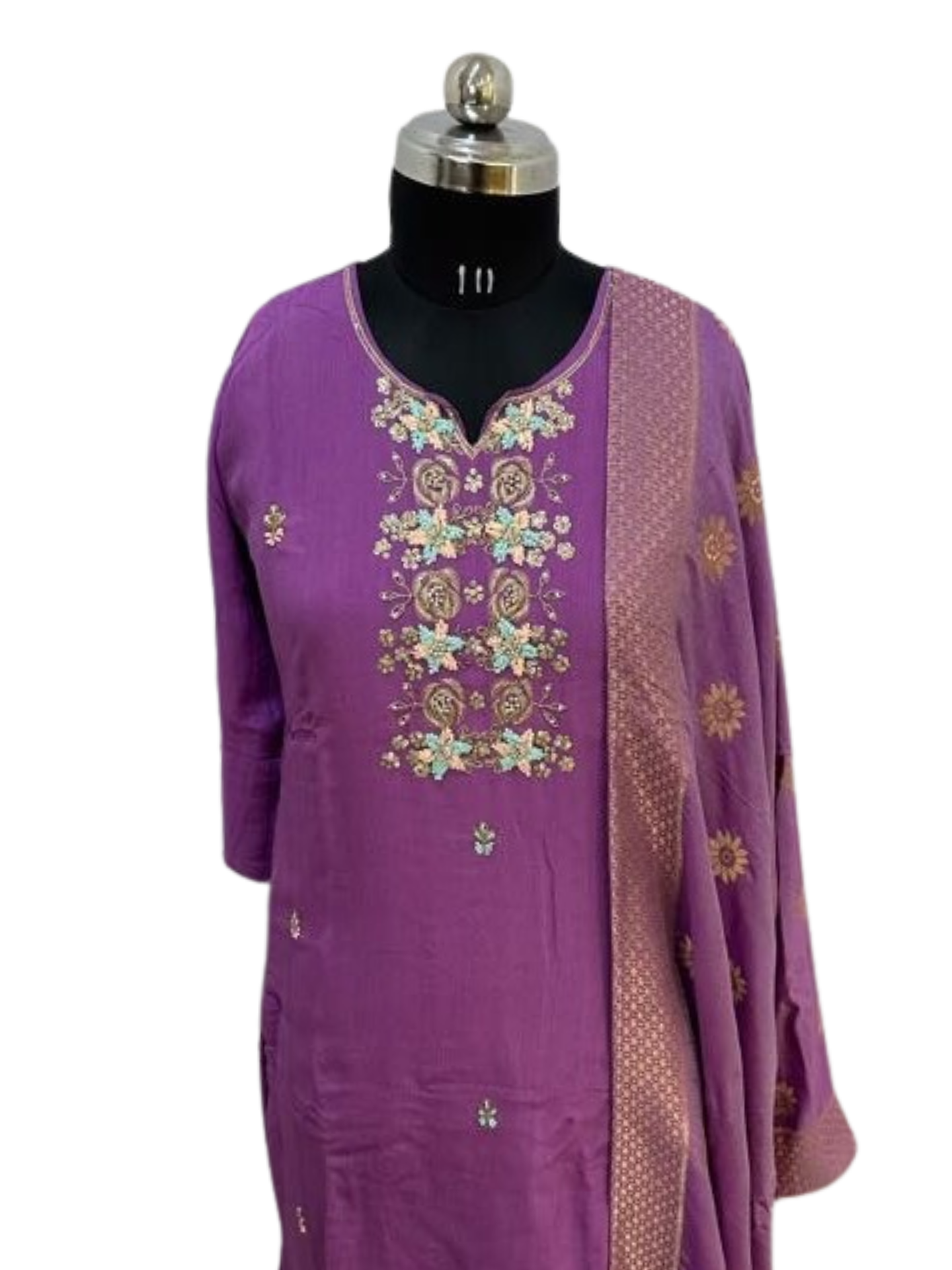 Lavender Chinnon Suit Set with Pant & Dupatta A graceful 3-piece ensemble featuring