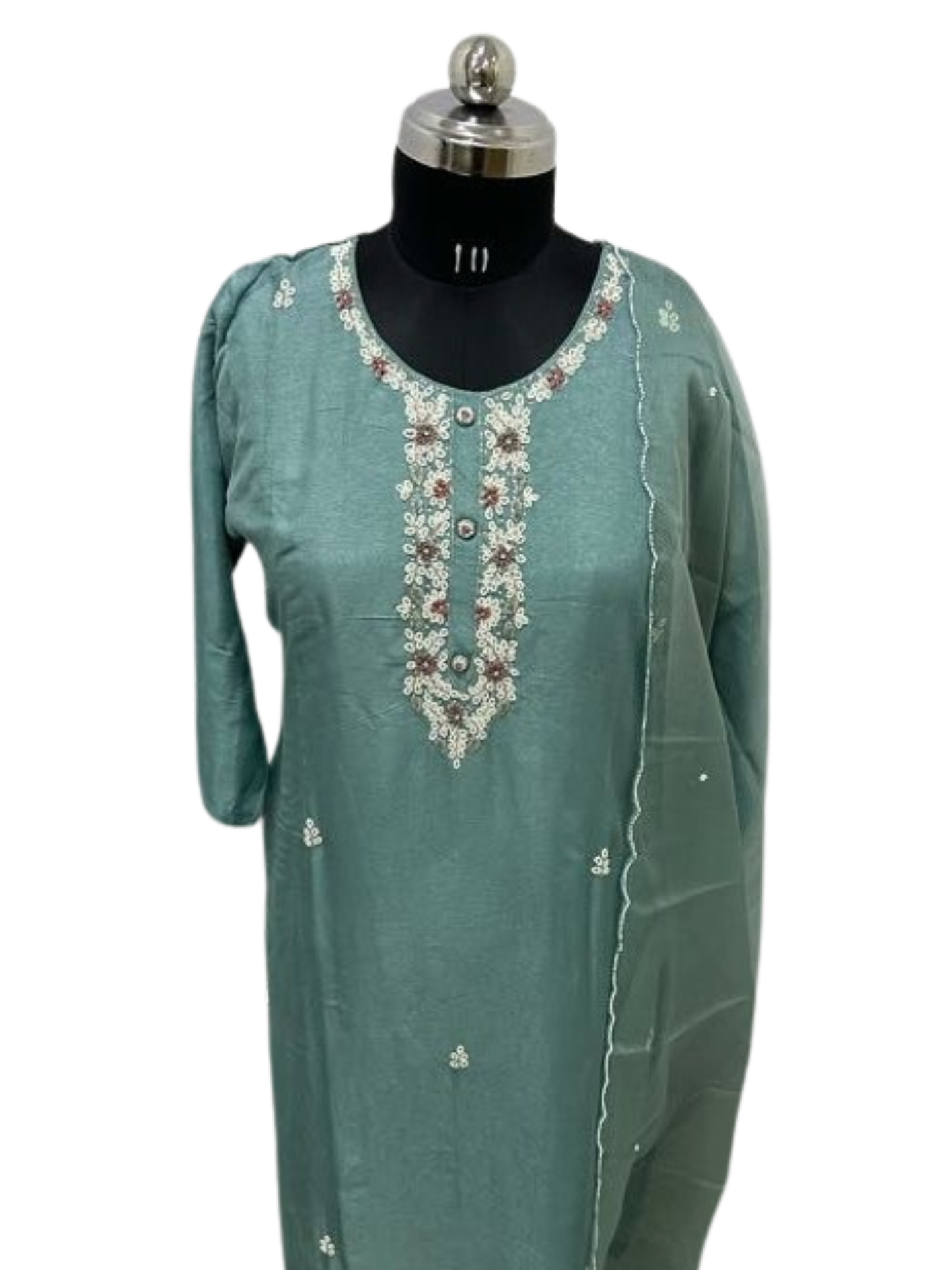 💖 Dusty Teal Suit Set with Organza Dupatta (Likely from Hyderabad) A subtly elegant 3-piece ensemble featuring