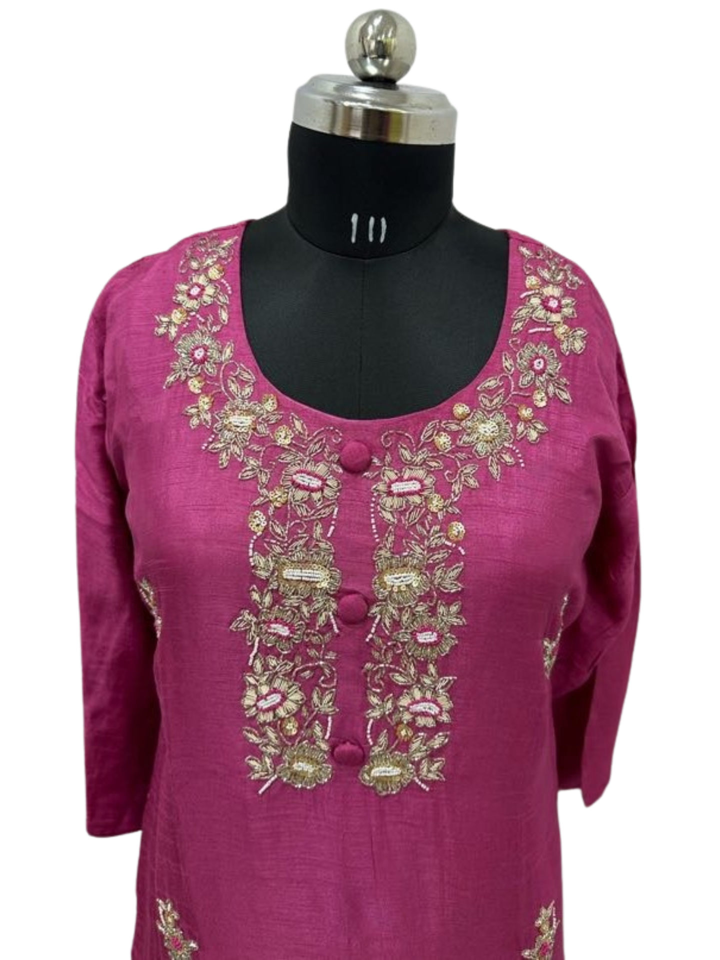 Deep Pink Dola Silk Kurta with Dola Silk Pant and Chinnon Dupatta An elegant 3-piece ensemble featuring