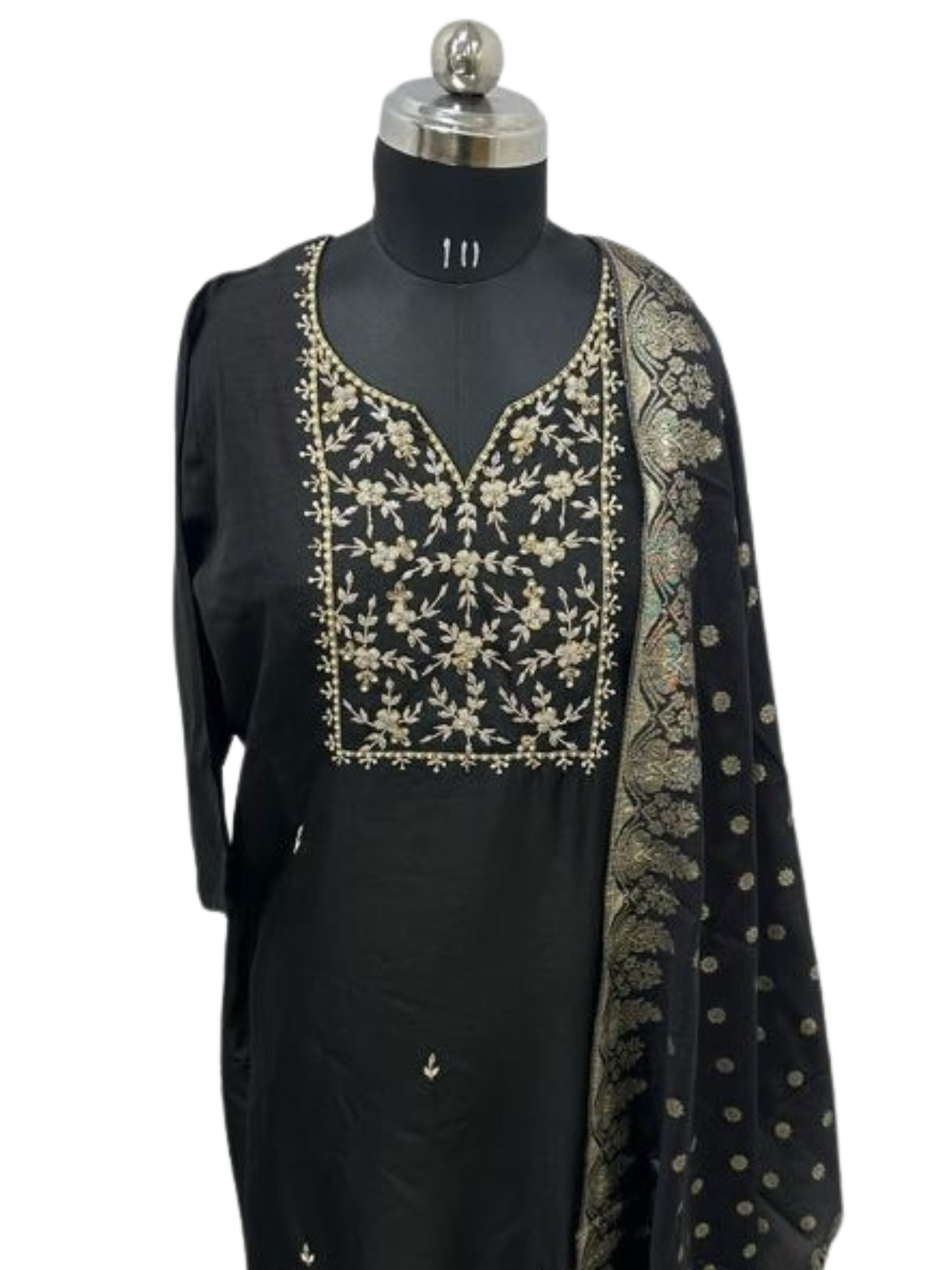 Black Dola Silk Kurta with Dola Silk Pant and Banarasi Dupatta A stylish 3-piece ensemble featuring