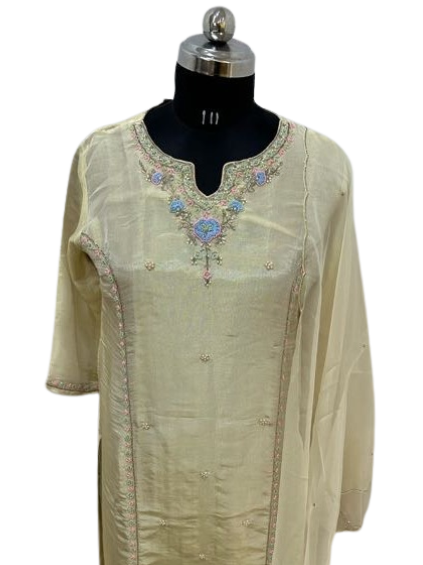 Light Gold Shimmer Suit Set with Pant & Dupatta A radiant 3-piece ensemble featuring