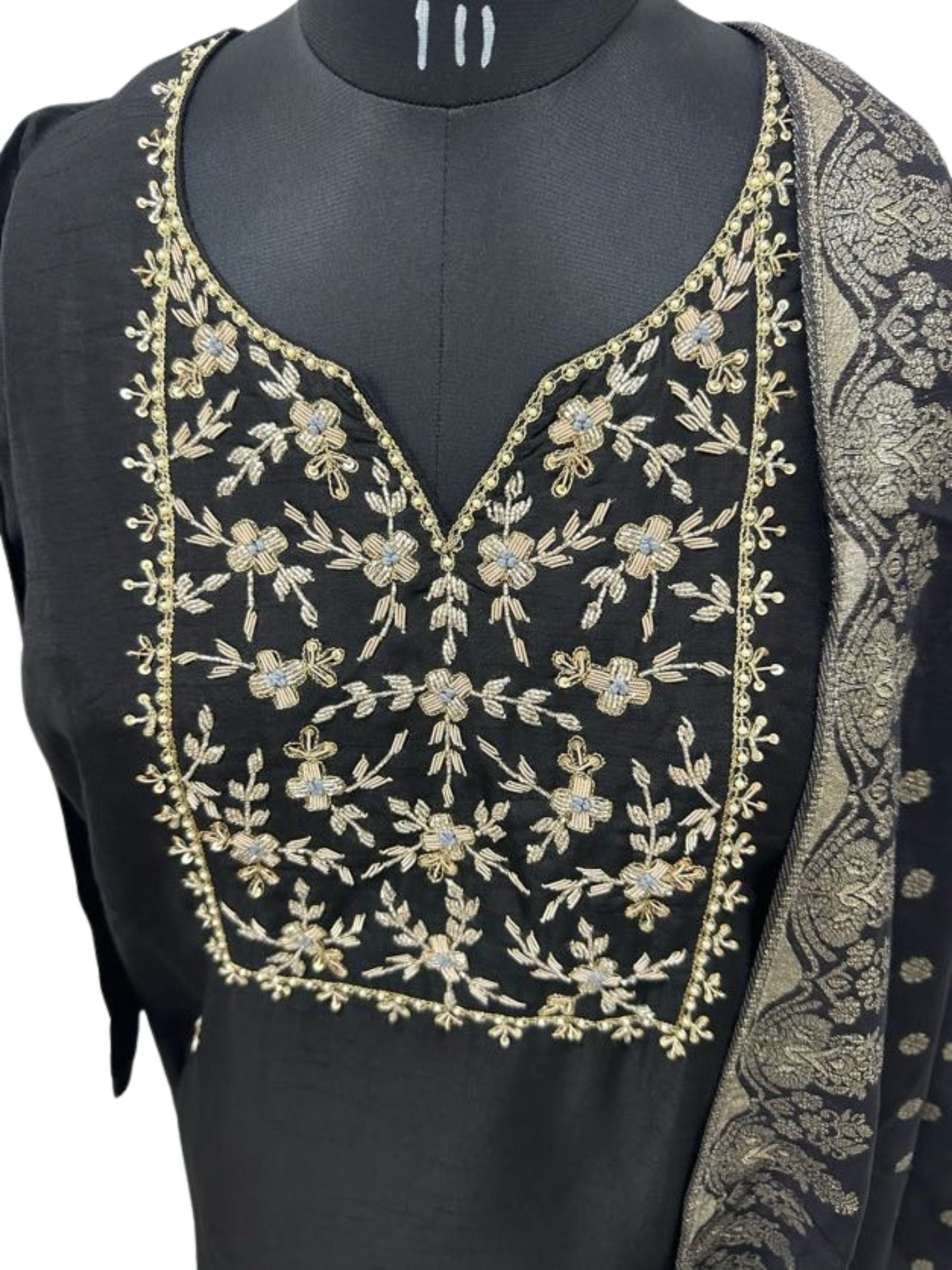 Black Dola Silk Kurta with Dola Silk Pant and Banarasi Dupatta A stylish 3-piece ensemble featuring