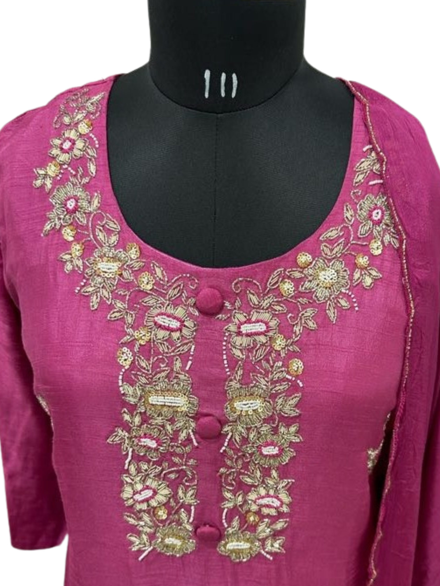 Deep Pink Dola Silk Kurta with Dola Silk Pant and Chinnon Dupatta An elegant 3-piece ensemble featuring
