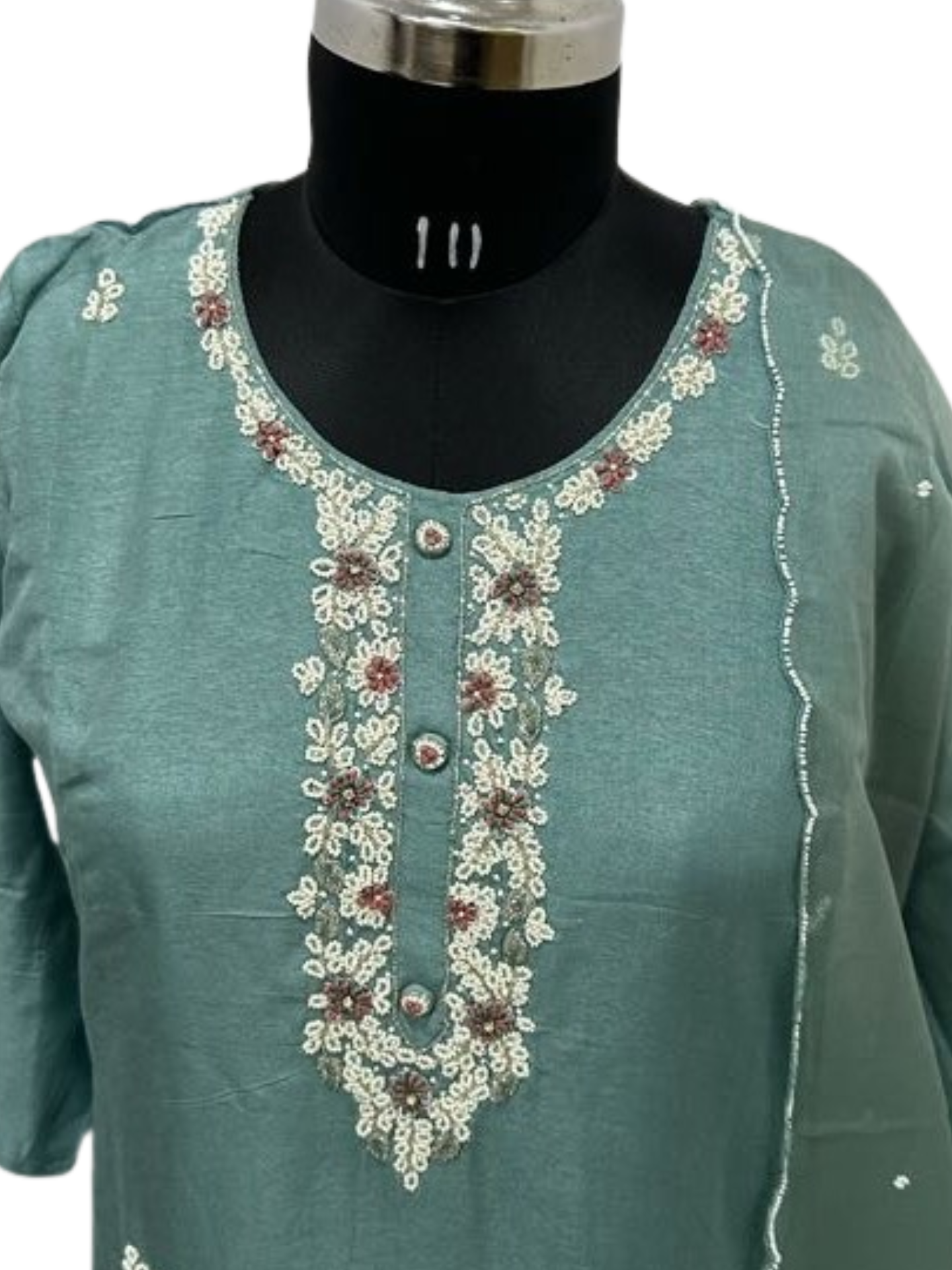 💖 Dusty Teal Suit Set with Organza Dupatta (Likely from Hyderabad) A subtly elegant 3-piece ensemble featuring